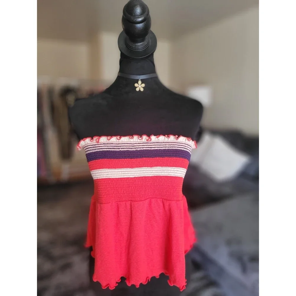 Free People Free To Be Striped Ruffle Edge Hem Stretchy Boho Tube Top Size M NWT